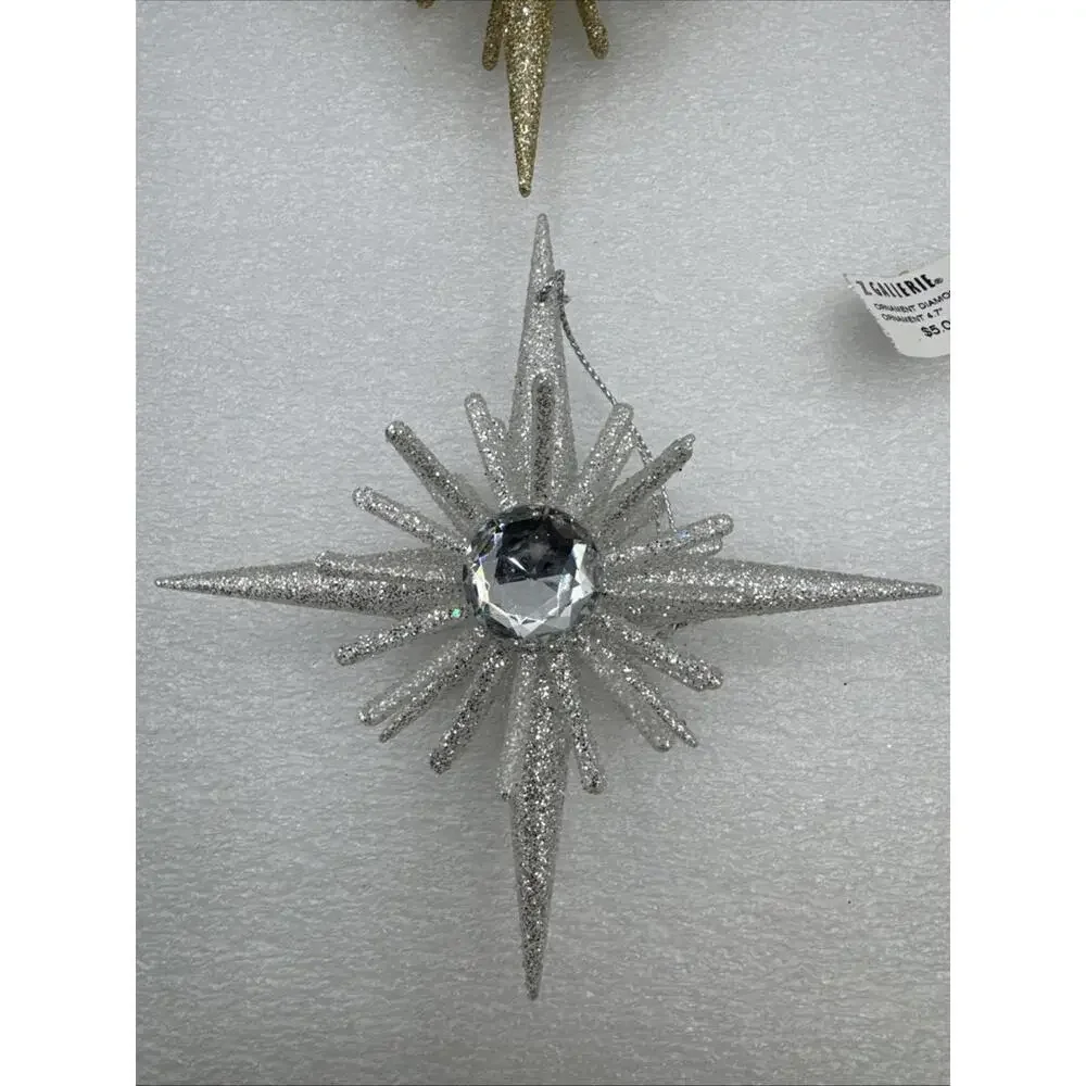 Set Of 4 Z Gallerie Diamond Eye Star Glitter 4.7” Ornaments 2 Silver 2 Gold 3D